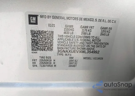2021 Chevrolet Equinox Awd Lt from USA, damaged, VIN 3GNAXUEVXML354992